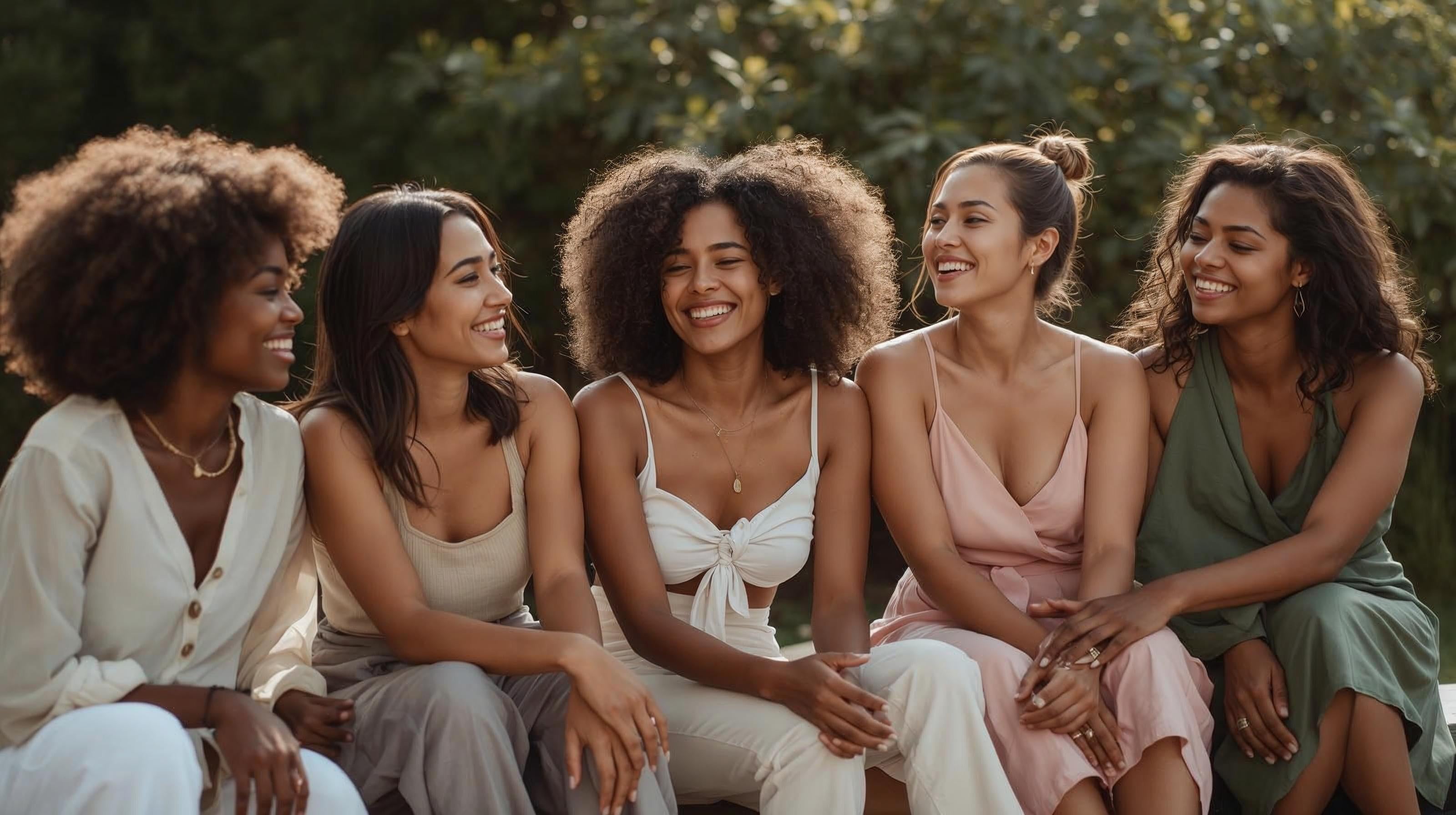 Group of diverse women smiling and connecting outdoors in natural sunlight, representing the Healing 360 Collective community for natural healing and feminine energy.